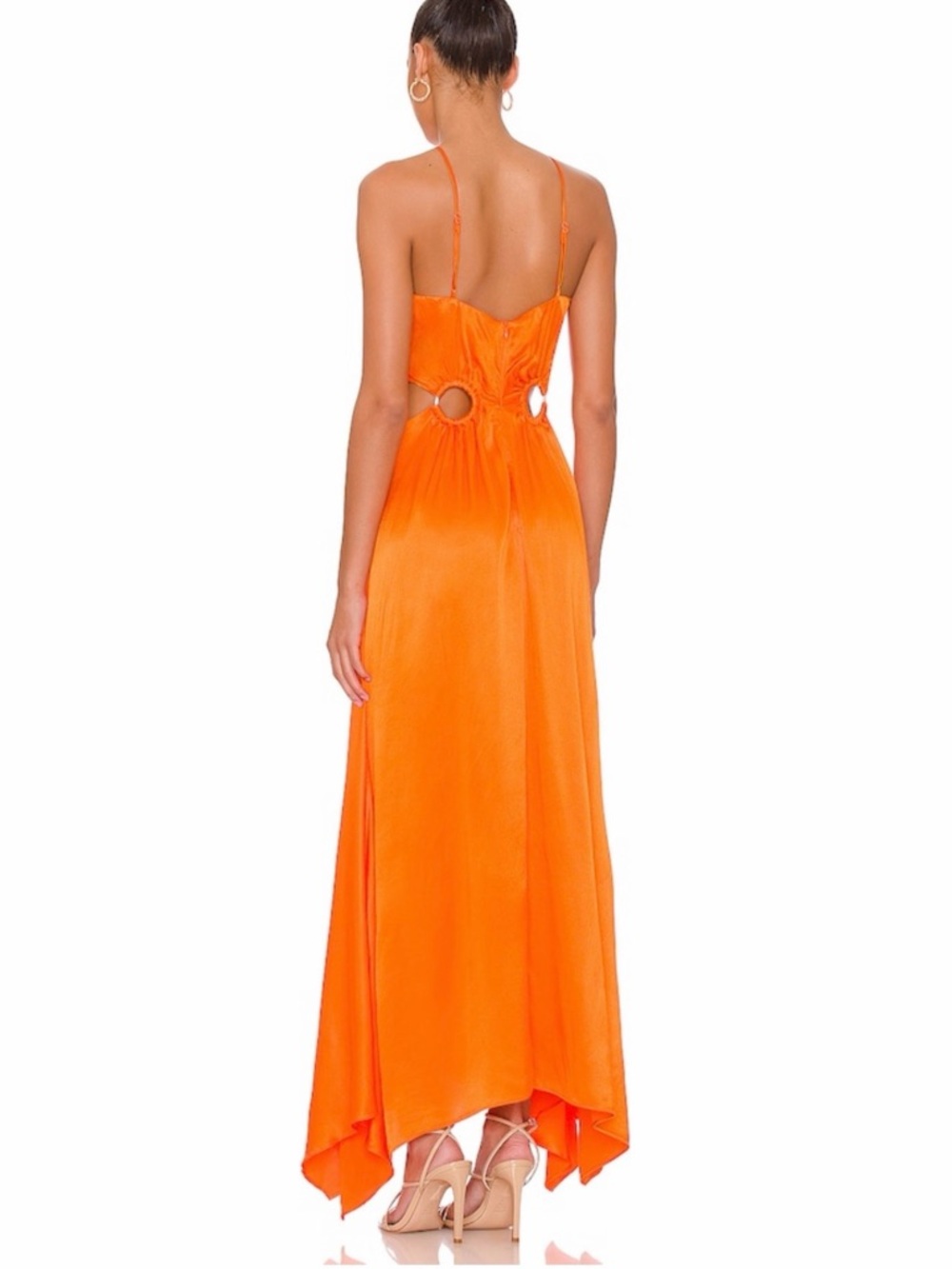 Elliatt Vibrant Orange Asymmetrical Satin Maxi Dress with Cutouts